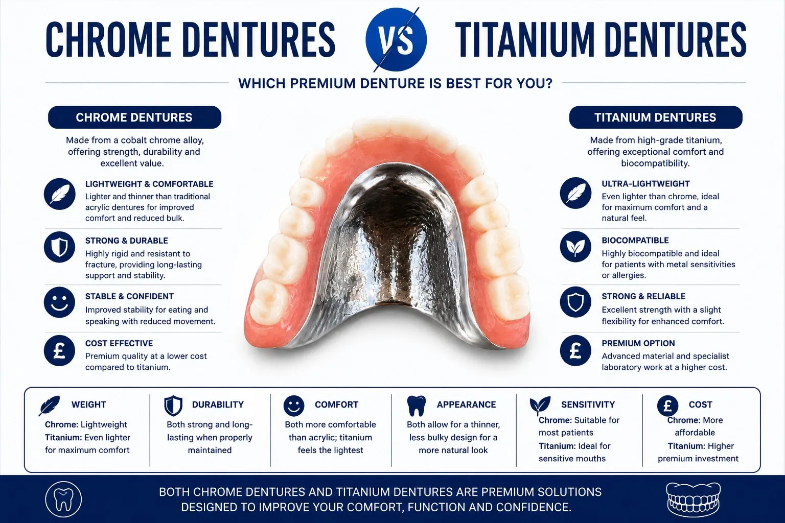 Comparison of chrome dentures vs titanium dentures showing differences in comfort, weight, durability and cost.
